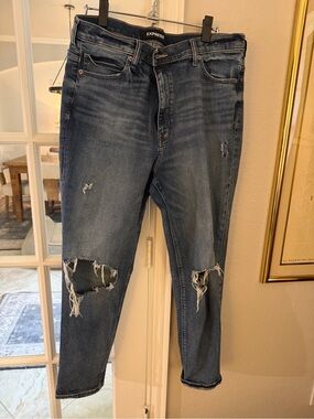 Express Women's Distressed Dark Blue Girlfriend Jeans